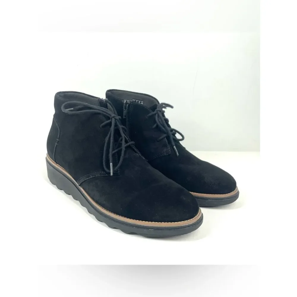 Clarks Sharon Hop Black Suede Booties Lace Zip Wedge Women 8 M